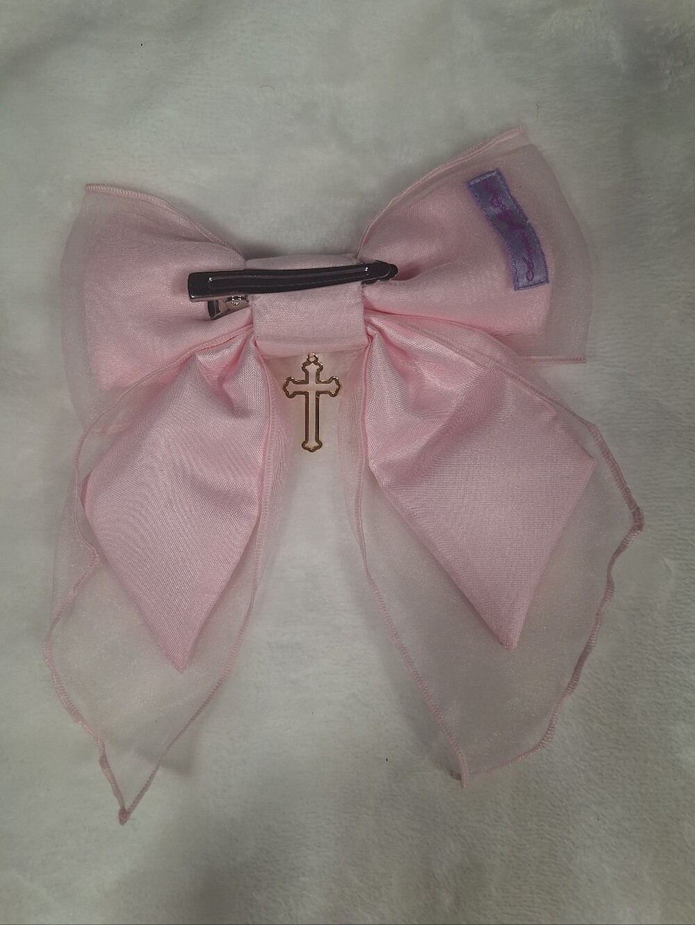 Angelic Pretty Soft Pink Sheer Ribbon Cross Hair Clip | Classic Lolita